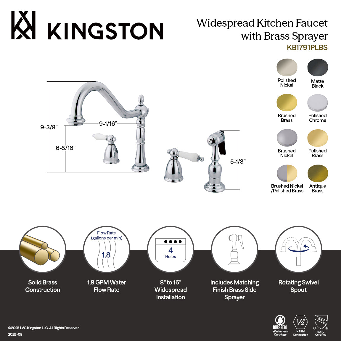 Kingston Heirloom KB1791PLBS - Heritage Double-Handle 4-Hole Widespread Kitchen Faucet with Brass Sprayer, Polished Chrome — thumbnail 2